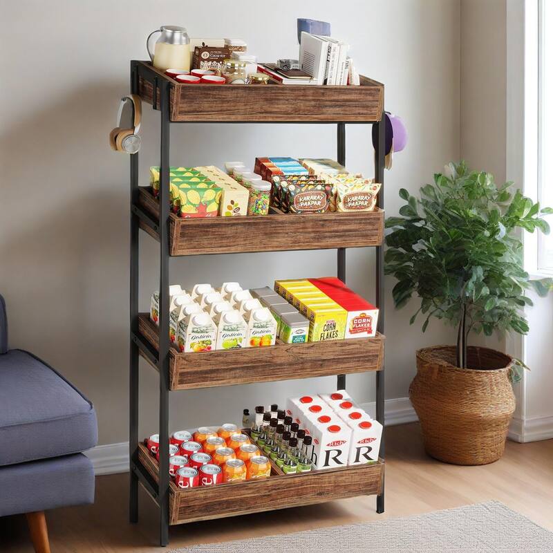 4 Tier Retail Display Rack Stand with Particleboard Shelves Metal Frame and Hooks for Store Kitchen or Office Organization