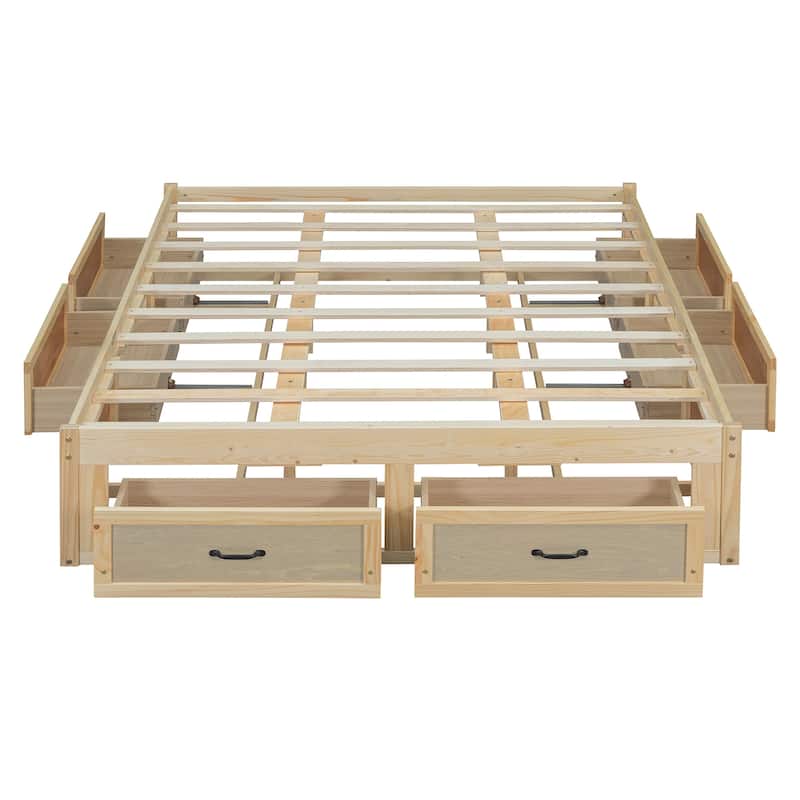 Full/Queen Size Platform Bed without Headboard, Wooden Storage Platform Bed Frame with 6 Drawers, Wood Slats Support