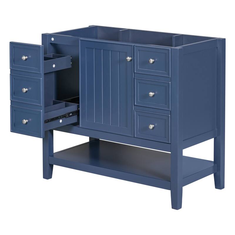 36" Blue Bathroom Vanity Cabinet, Three Drawers, One Cabinet, Open Shelf, Freestanding Design - 35.5in L Solid Wood+MDF - 35.5in L Blue