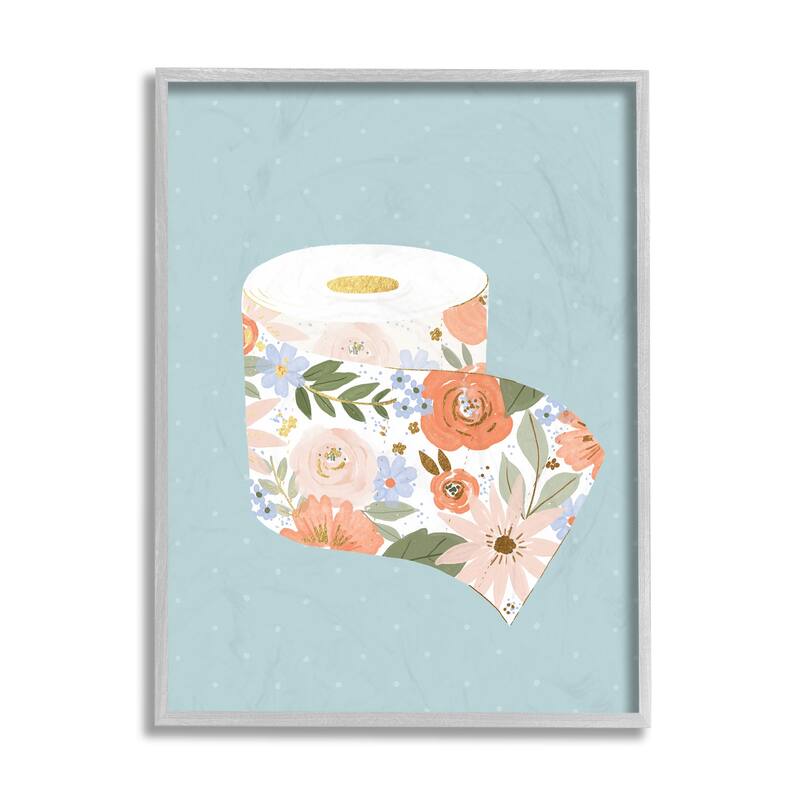 Stupell Spring Floral Print Toilet Paper over Blue Framed Giclee Texturized Art by Loni Harris