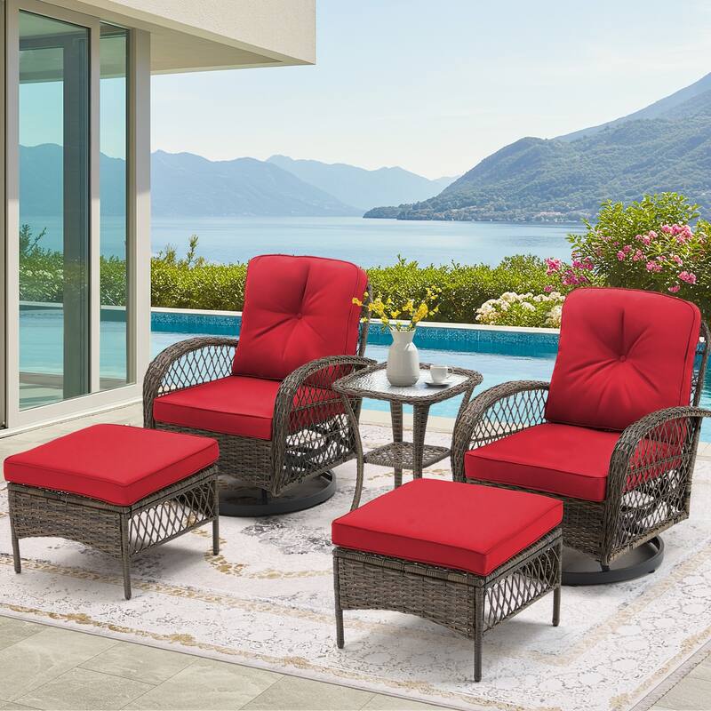 360° Swivel Rocking Patio Chairs Set with Thick Cushions & Tempered Glass Table | Indoor Living Room / Balcony| 3/5-Piece - 5-Piece - Red