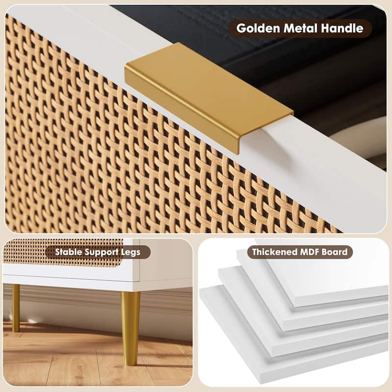 Rattan 6 Drawer Dresser for Bedroom, Large Double Dresser with Deep Drawers, Wooden Chest of Drawers for Closet with Wide Top