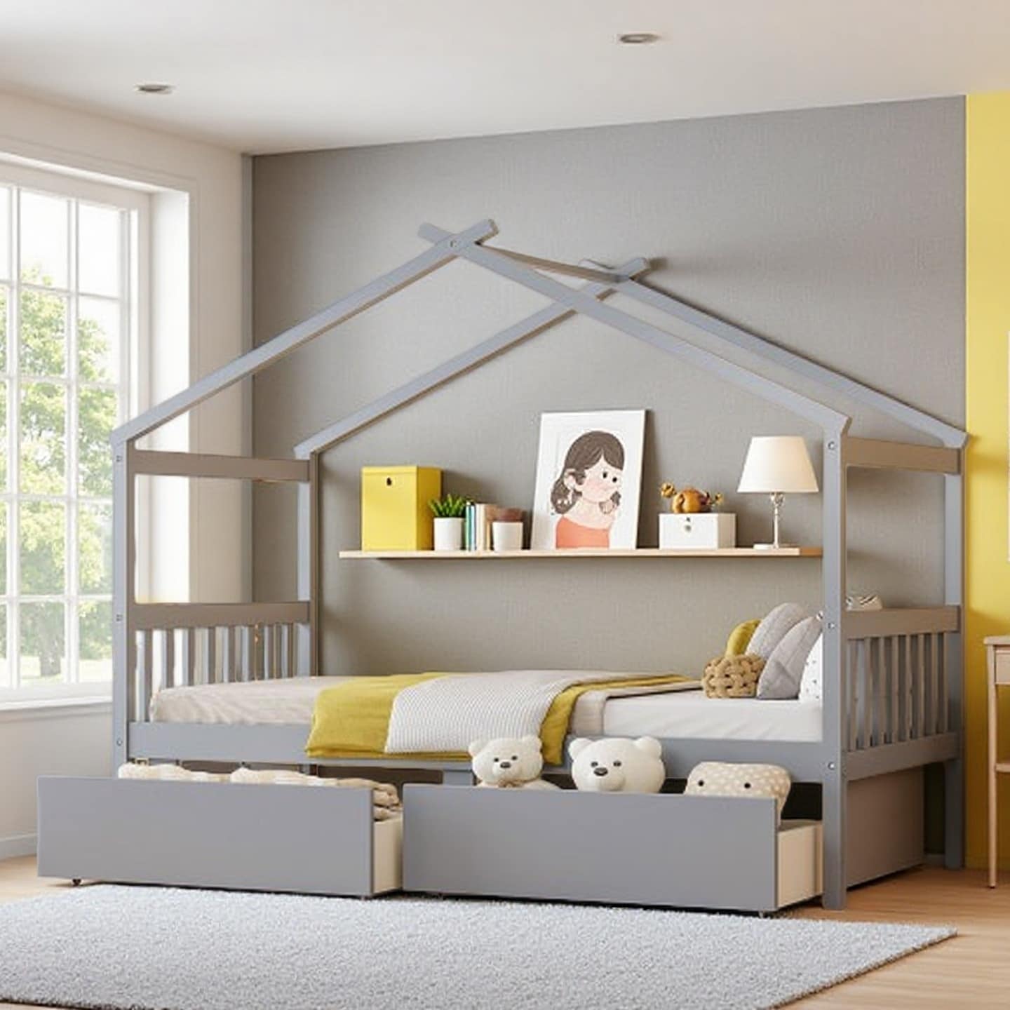 Twin Size Kids House Bed with Storage Drawers, Solid Pine Wood Frame with Whimsical Roof Design, Space-Saving Daybed