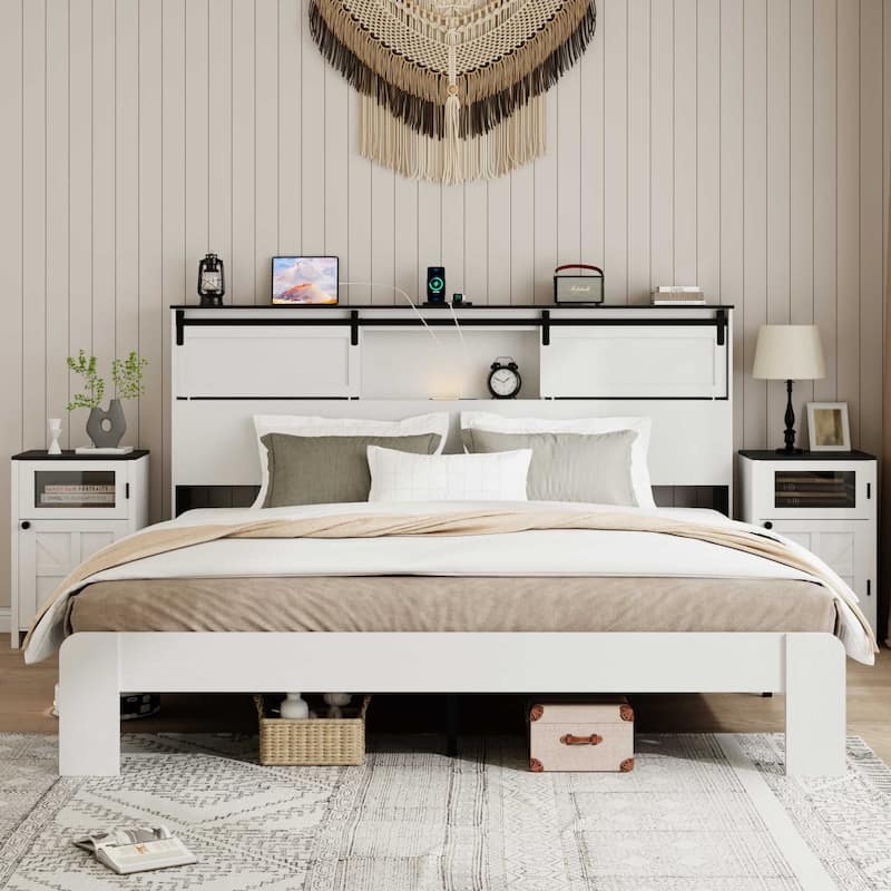 Farmhouse Bed Frame Wooden Platform Bed, 46.2" Tall Storage Headboard, Led Light and Charging Station, Sliding Barn Door, White - White - Queen