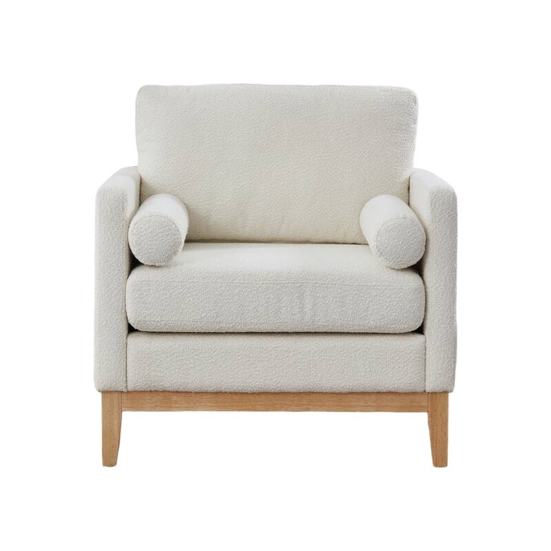 35" Farmhouse Style Boucle Single Sofa Accent Chair with Storage Footstool, Natural Wood Legs for Living Room, Office