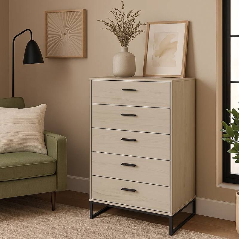 Zed 51 Inch 5 Drawer Chest, Natural Beige Wood Frame, Black Metal Base