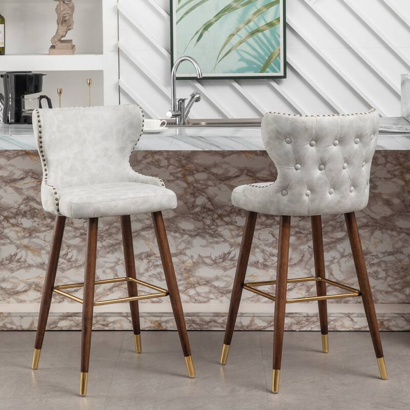 Nailhead Trim High Bar Stool, Faux Leather Bistro Counter Chair with Horn Backrest Kitchen Island Dining Chair, Set of 2