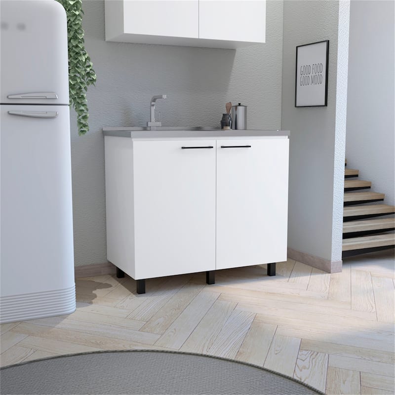 Utility Sink with Cabinet, Stainless Steel Countertop, Interior Shelf - White