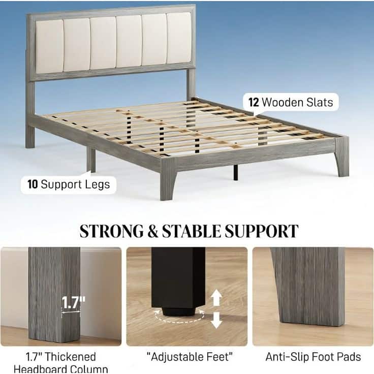 Rubber Wood Platform Bed Frame with Linen Fabric Upholstered Headboard/Adjustable Feet/No Box Spring Needed/Easy Assembly - Gray