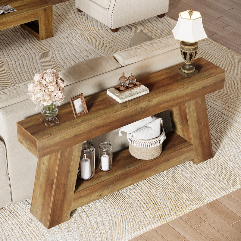Industrial Rectangular Wooden 2-Tier Console Table for Extra Storage