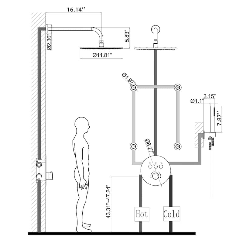 3-Way Complete 12'' Rain Shower System with 4 Body Jets and High-pressure Handheld Shower Head in Black/Nickel/Chrome