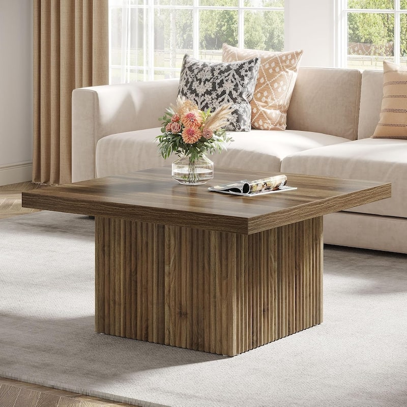 31.5" Wood Coffee TableSquare Coffee Table, Vintage Brown Center Table for Living Room, Large Mid-Century Modern Cocktail Table