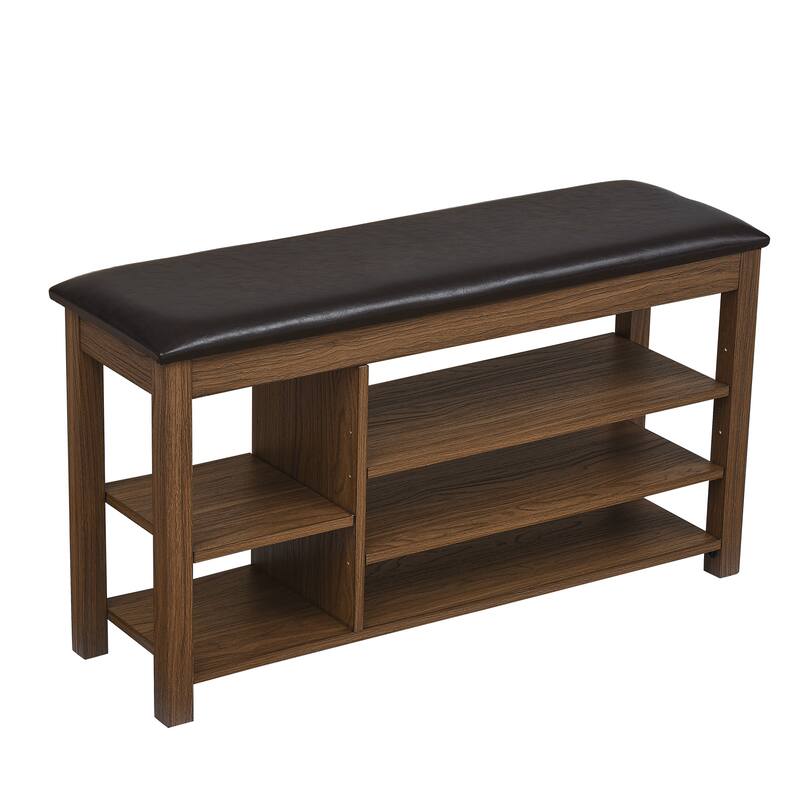 Roomfitters Height Adjustable Shoe Bench with Cushion Seat and Hidden Storage, Solid Rubberwood Frame, Charcoal Grain