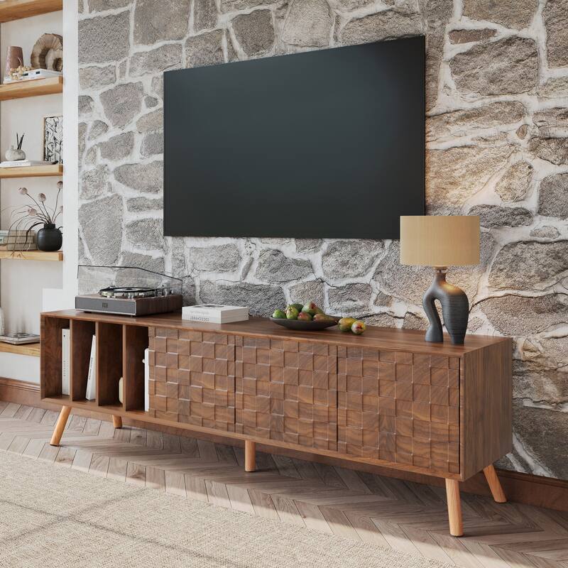 Mid-Century Modern TV Stand, Media Console, for TVs up to 80" with 4 Open Storage Compartments, for Living Room and Bedroom