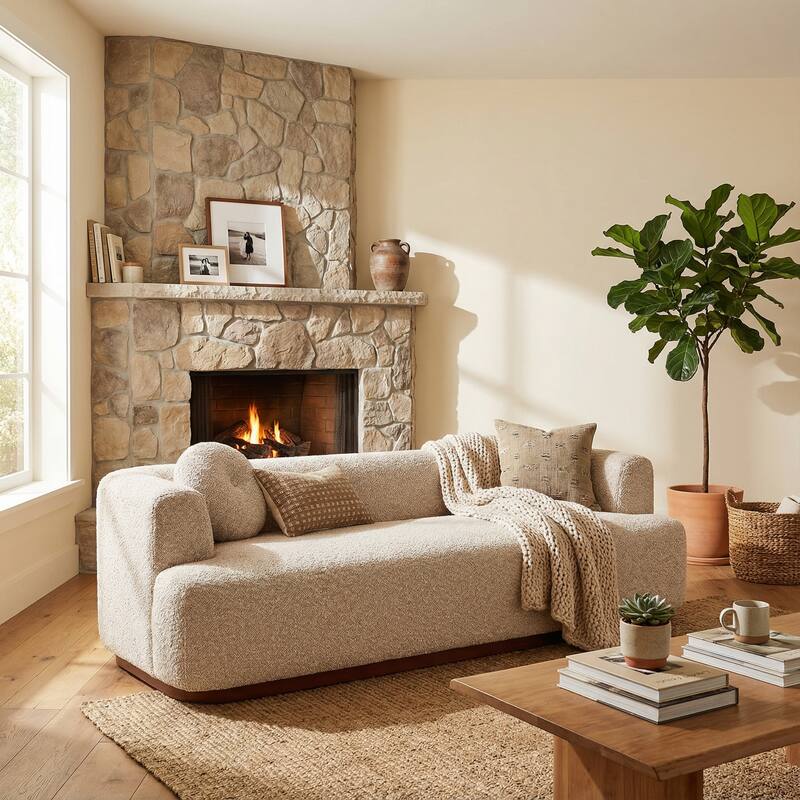 Christopher Knight Home - Polyster Upholstered 3-Seater 84.57" Compressed Sofa with Solid Rubberwood Base - Almond+Walnut