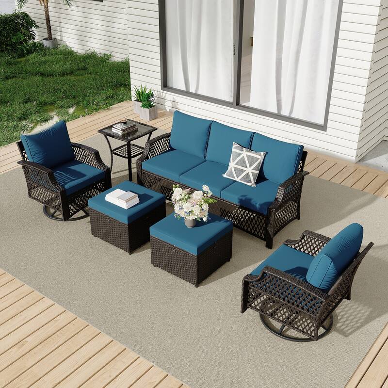 Outdoor Wicker Patio Set w Swivel Chairs & Sofa, Ottomans and Tables, Modular 3/5/6/7-Piece, All-Weather Conversation Set. - 6-Piece: Ottomans & Sofa - Turquoise