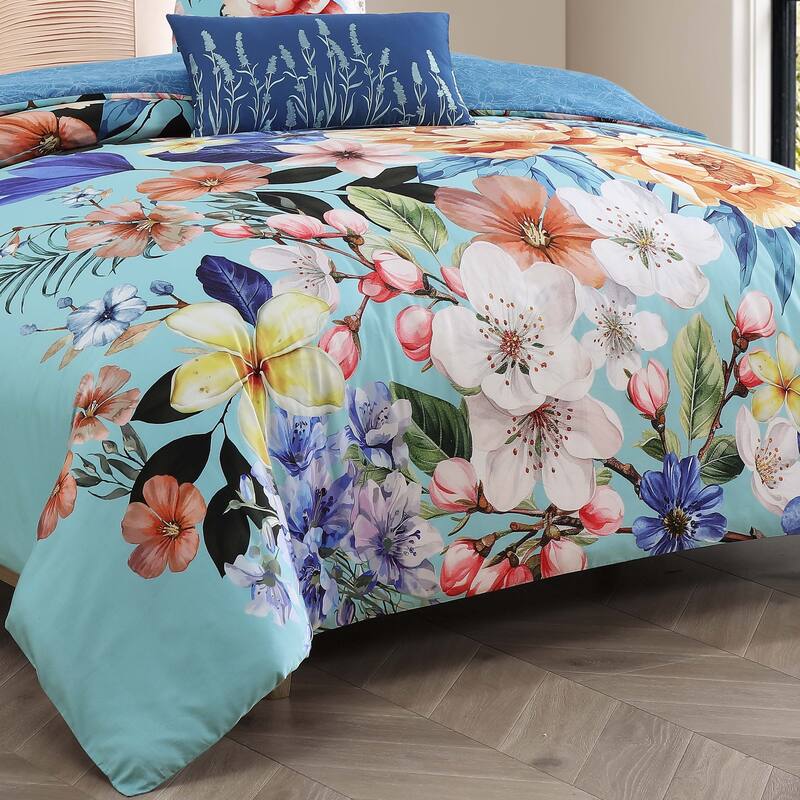 Bebejan Turquoise Reverie 100% Cotton Sateen 5 Piece Reversible Comforter Set