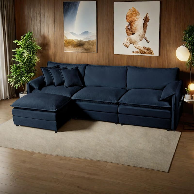 109.45" Chenille Upholstered L-Shaped Modular Sectional Sofa with Double-Layer Cushions, DIY Combination - Blue