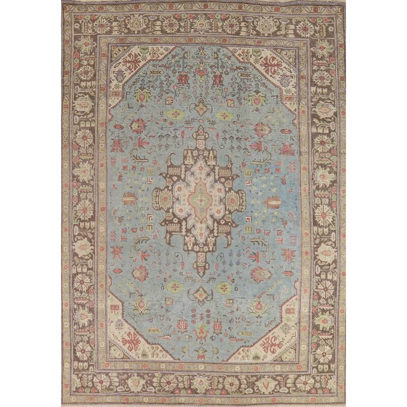 Light Blue Geometric Tabriz Persian Vintage Rug Handmade Wool Carpet - 7'10" x 10'9"