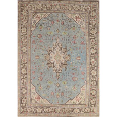 Light Blue Geometric Tabriz Persian Vintage Rug Handmade Wool Carpet - 7'10" x 10'9"