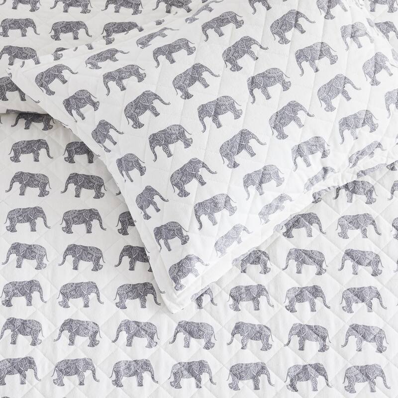 All Cotton Flannel Elephant Quilt Set Gray