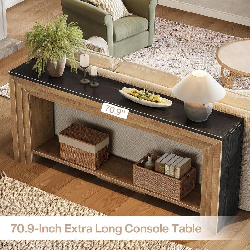 70.9 Inch Extra Long Console Table, Farmhouse Narrow Wooden Sofa Table with Storage Shelf - 11.61" W x 70.9" L x 32.68" H