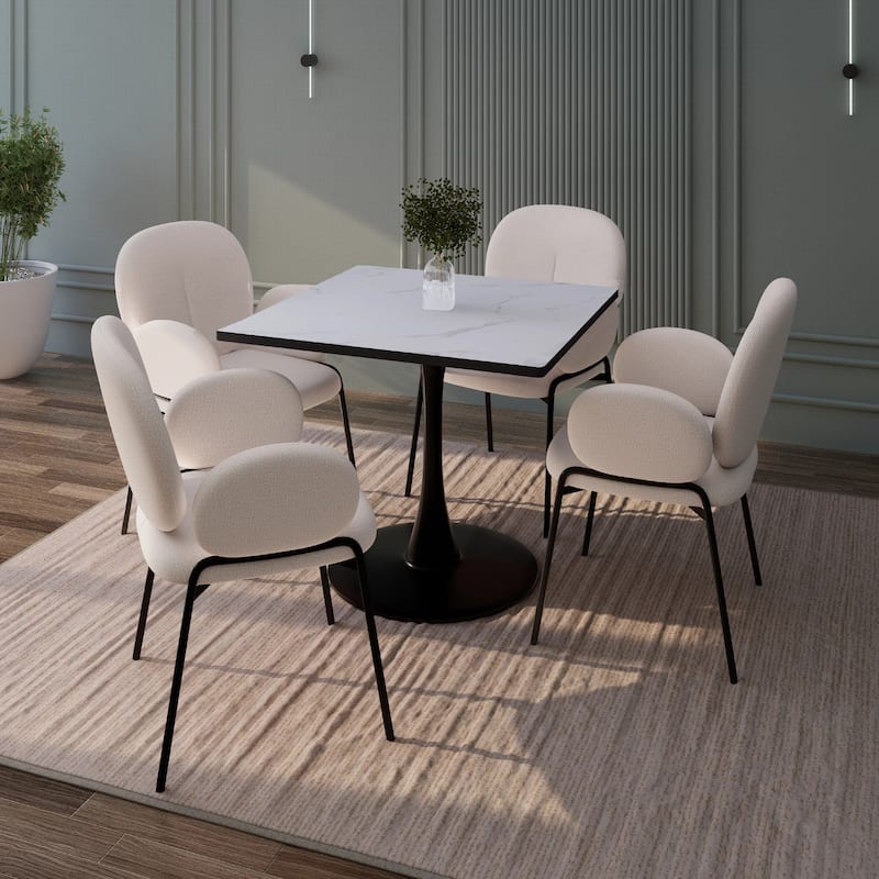 Bristol Series Square Dining Table 27"–35" with Marble White MDF Top and Black Steel Pedestal Base for Kitchen or Dining Room