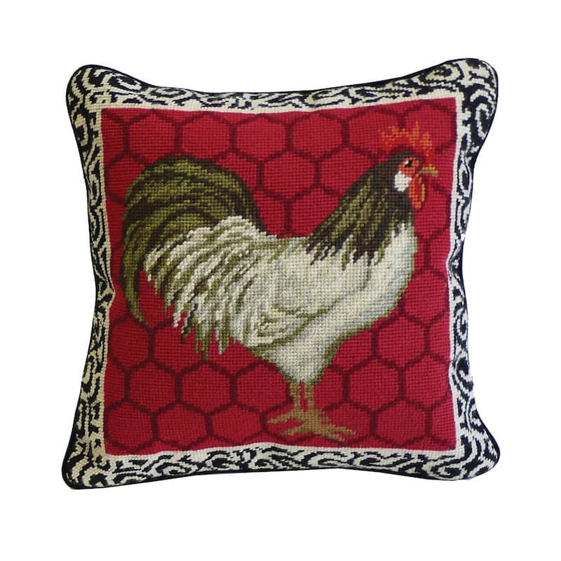 14" x 14" Red Black & White Rooster Needlepoint Pillow