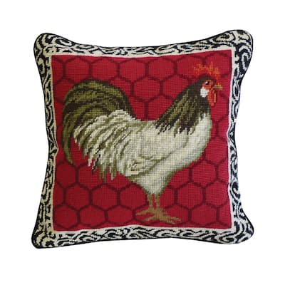 14" x 14" Red Black & White Rooster Needlepoint Pillow
