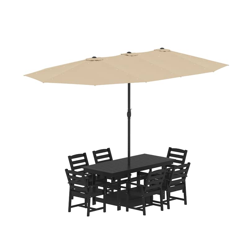 Outdoor Dining Table and Chair Set: HDPE Material, Wood - Grain Design