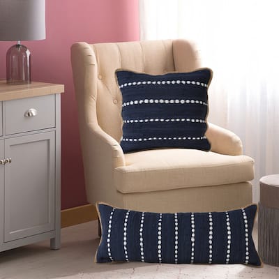 Sevita Navy Blue and White Striped Jute Bordered Throw Pillow