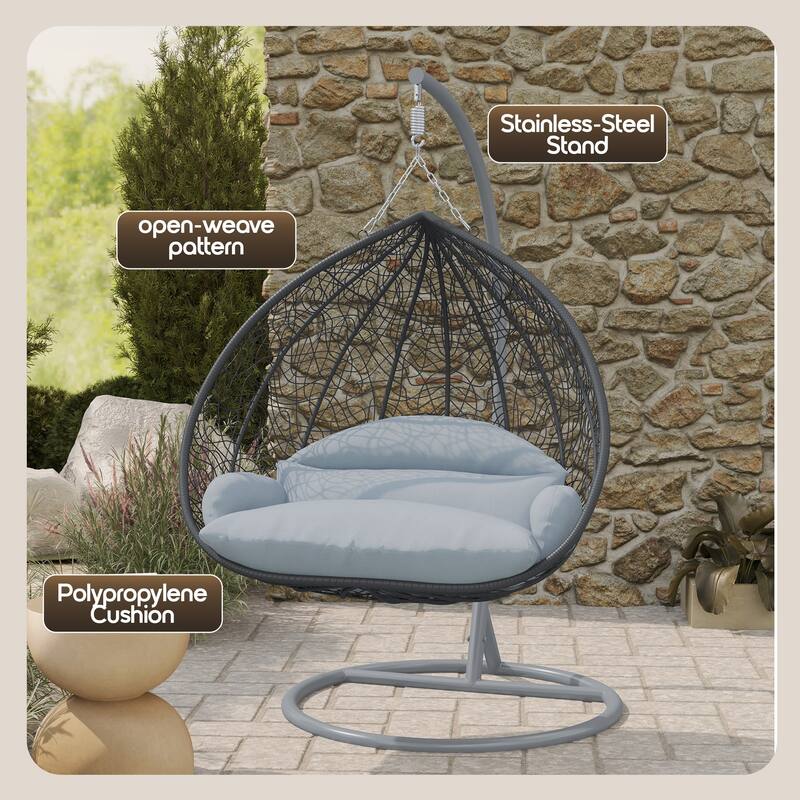 2-Person Egg Swing Chair in Grey Stainless Steel 2-Seater Porch Swing for Outdoor and Indoor - 77.95" Height