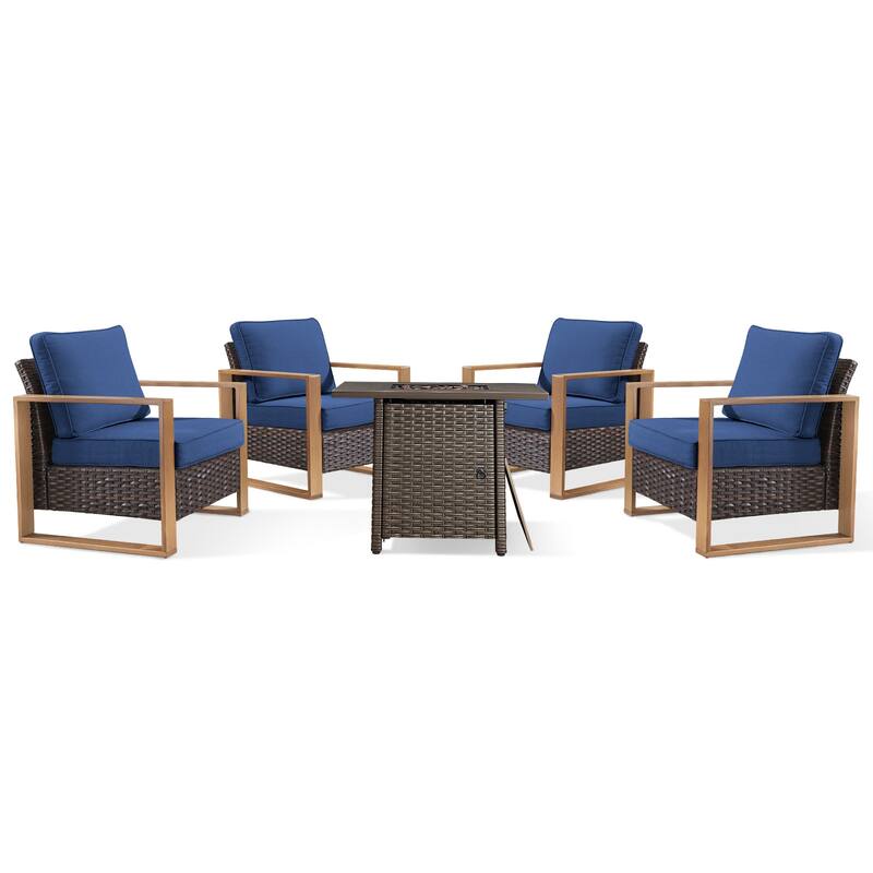 Meyreso 5-Piece Wicker Patio Conversation Set with Fire Pit & Plush 4.5" Olefin Cushions