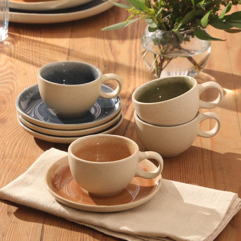 Gibson Elite Manila Bay 8-Piece Stoneware 5 oz Reactive Glaze Expresso & Coffee Cup and Saucer Set, Assorted Colors