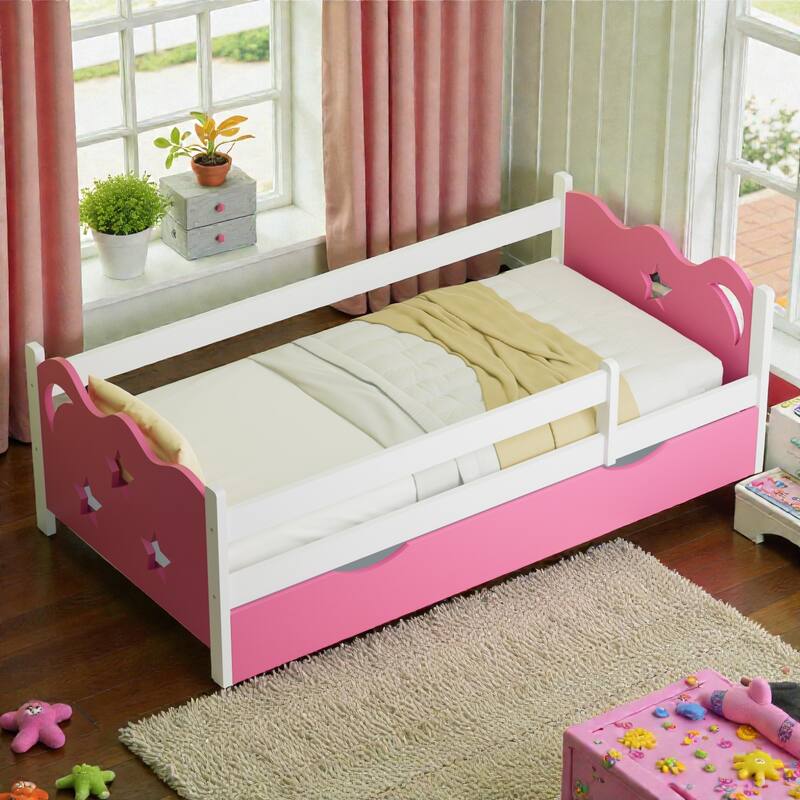 Twin Kids Bed Frame with Star and Moon Design, Bamboo and Wood Toddler Bed for Girls, 8 Slat Support, No Box Spring Needed