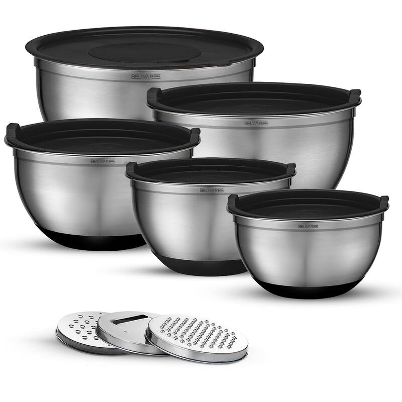 Belwares 5-Piece Stainless Steel Mixing Bowls with Airtight Lids and Graters - Non-Slip Nesting Bowls Set