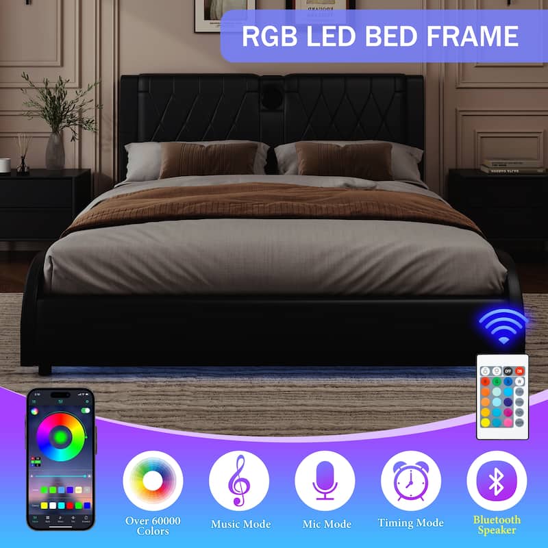 King Size Faux Leather Upholstered Platform Bed with RGB LED Lights, Bluetooth Speakers, Thickened Headboard