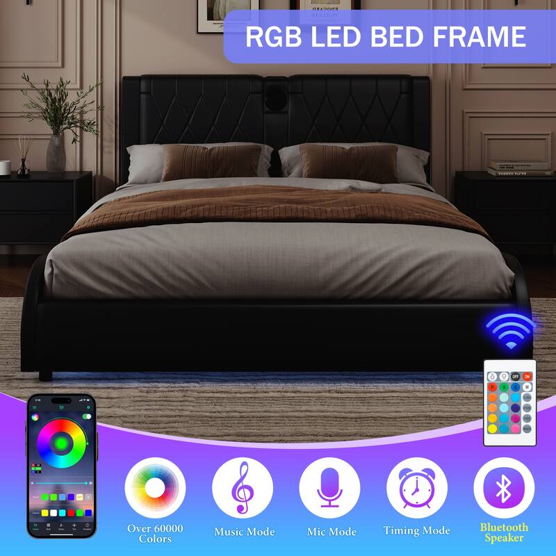 King Size LED Bed Frame With Bluetooth Speakers And Leather Upholstery