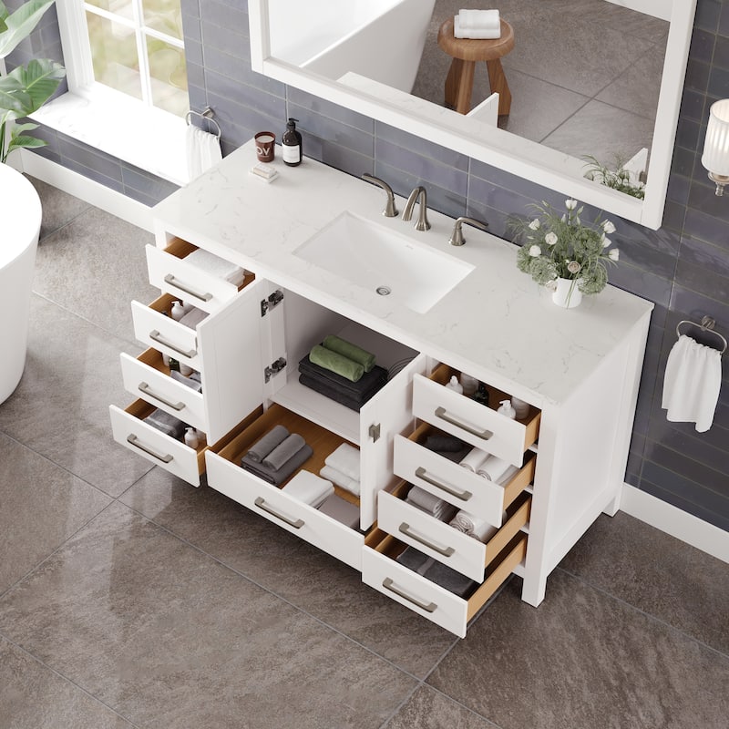 Eviva Aberdeen 60"W x 22"D Bathroom Vanity with White Carrara Quartz Countertop and Undermount Porcelain Sink