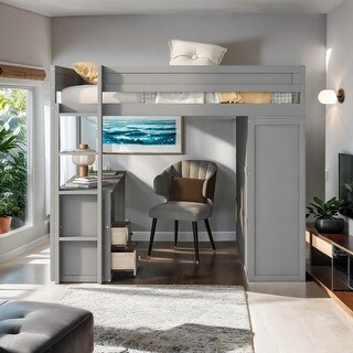 Wood Full Loft Bed with Wardrobes and 2-Drawer Desk with Cabinet, Gray
