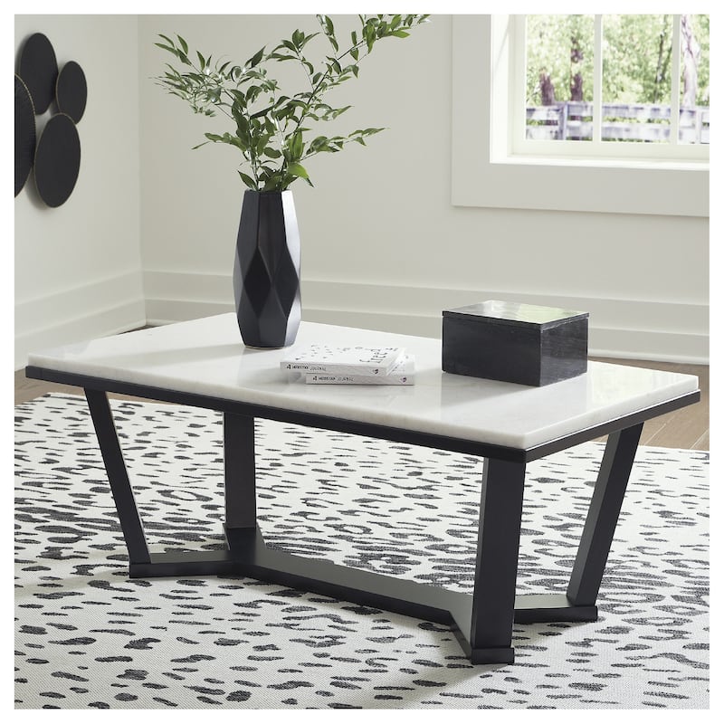 Signature Design by Ashley Fostead White / Dark Brown Rectangular Coffee Table - 48"W x 26"D x 18"H - Marble - 48"W x 26"D x 18"H - Espresso