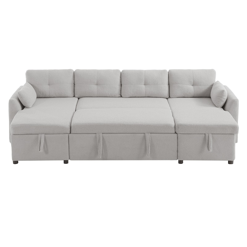 Teddy Fabric Sectional Sofa Convertible Sleeper Sofa Modern U-Shaped Couch Dual Storage Chaise Lounge with Pockets and USB Ports