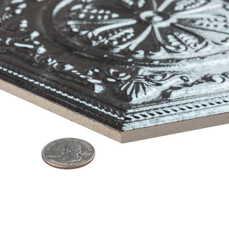 Merola Tile Zinc Hex Silver Decor 9-7/8" x 11-1/4" Porcelain Floor and Wall Tile