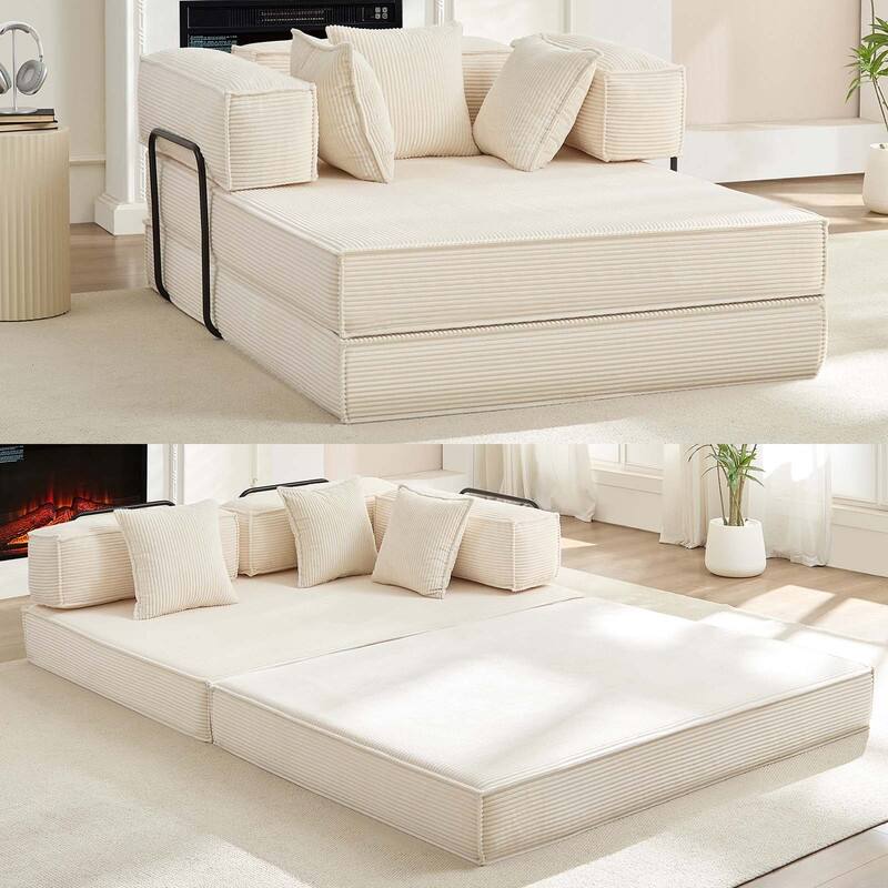 Mixoy 66" Convertible Sleeper Sofa Bed with Pillows, Folding Mattress Couch, Removable Washable Floor Sofa for Small Spaces - Beige - 66.1 "L x 49.5" W x 25.6 "H