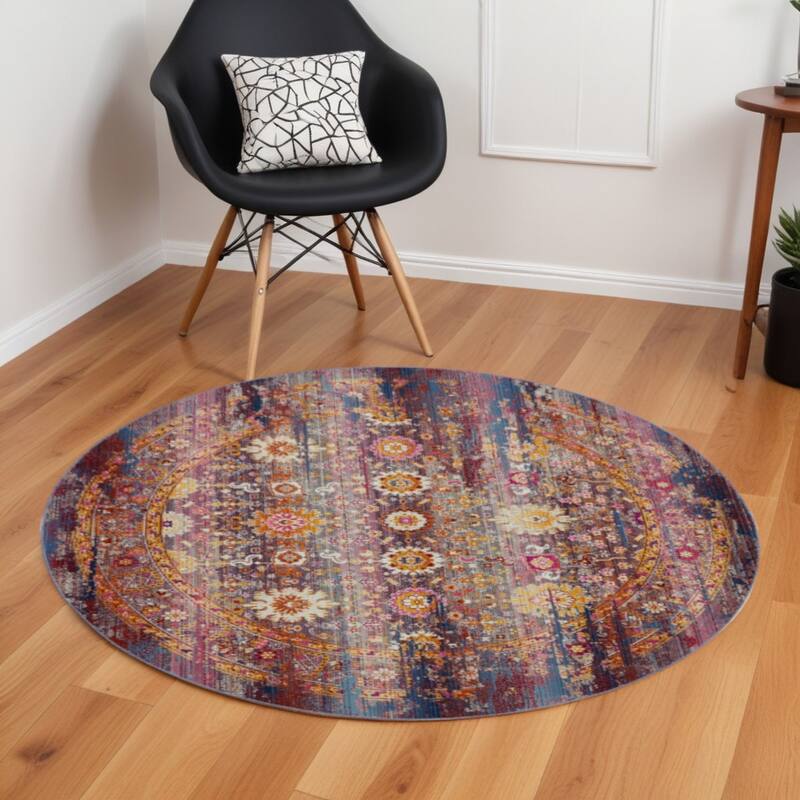 HomeRootsFloral Transitional Round Area Rug - 72' X '72' X '0.5 - 72' X '72' X '0.5 - Blue/Yellow/Red