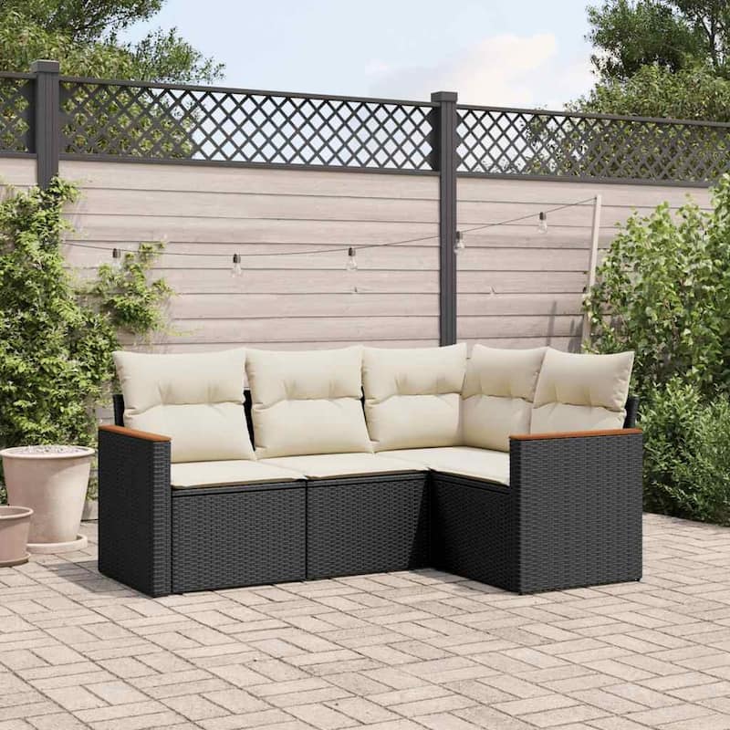 vidaXL Patio Sofa Set with Cushions Outdoor Conversation Furniture Poly Rattan - Black and cream without table - 24.4 x 24.4 x 27.2 in