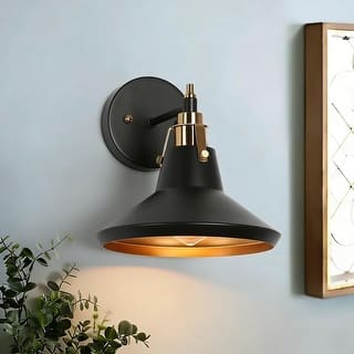 Modern 1-Light Black Gold Wall Sconce Industrial Metal Cone Shade Vanity Light Fixture for Bathroom - 8.5" L x 8.5" W x 9" H