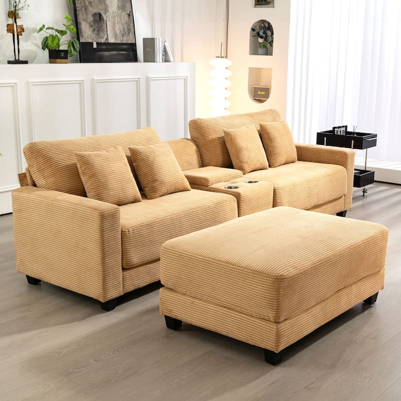 Oversized Corduroy Upholstered Sofa with a Removable Ottoman & 4 Pillows