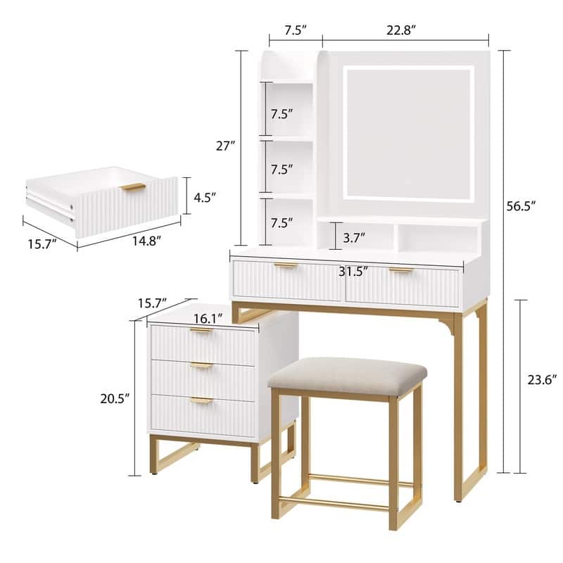 Vanity Desk with LED Mirror and Stool, Movable Side Cabinet, 5 Drawers,