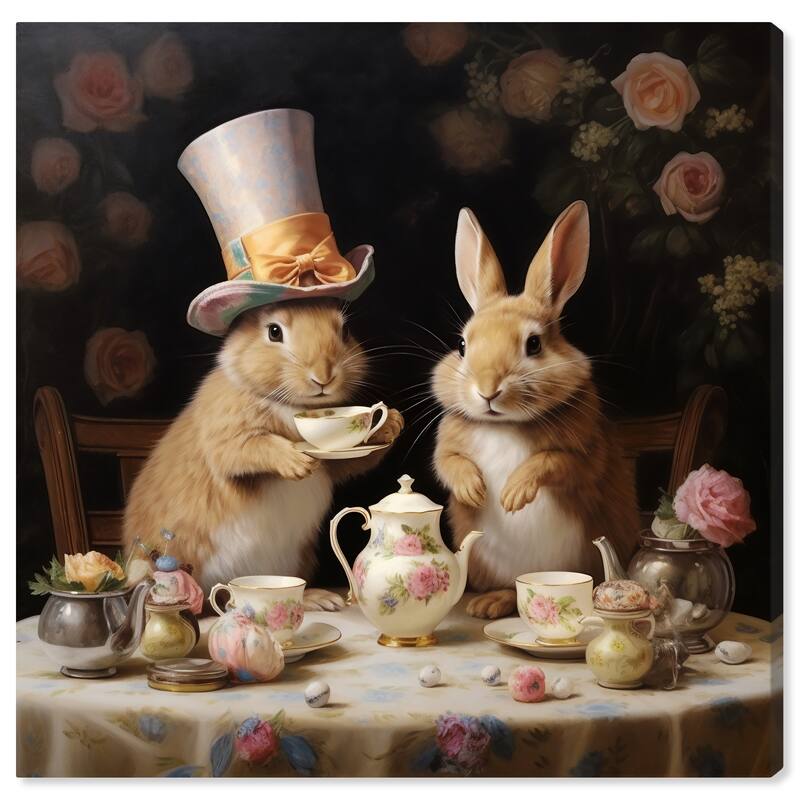 Wynwood Studio Canvas Animals The Classic Tea Time White and Cream White Traditional Wall Art Canvas Print